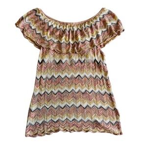 White House Black Market‎ Knit Top Chevron Ruffle Sleeveless Multicolor Size M